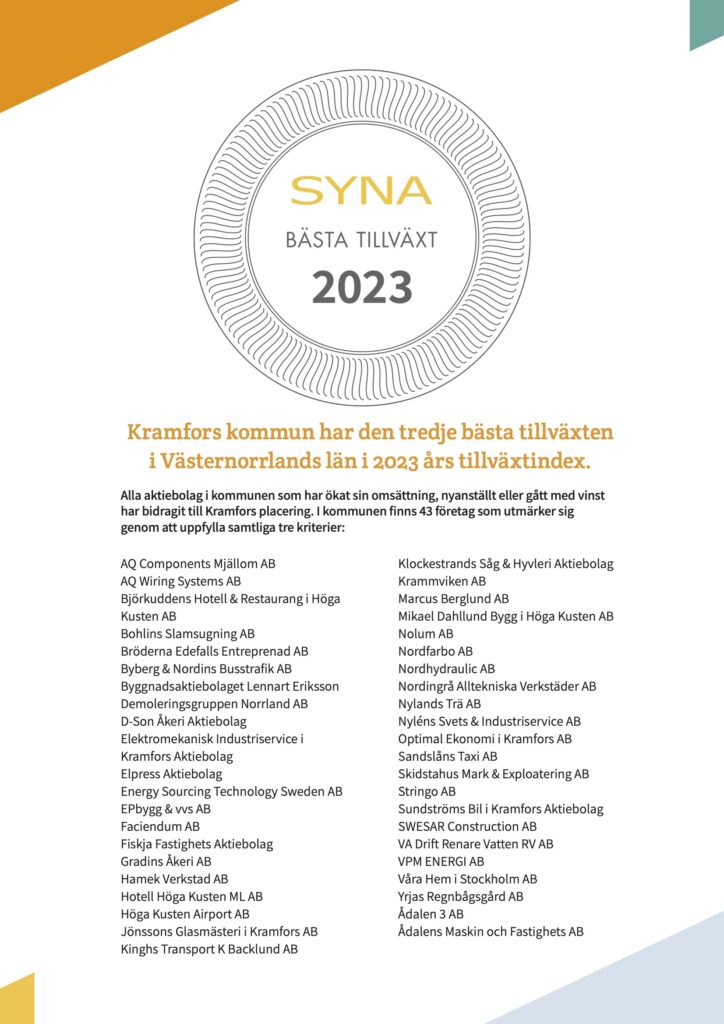 lista över alla 43 företag i Kramfors kommun som uppfyllt alla tre kriterier för Bäst Tillväxt